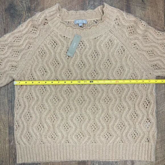 J Crew Women’s Pointelle Scallop Trim Sweater Beige Tan Crochet Eyelet Alpaca XL - Picture 5 of 8
